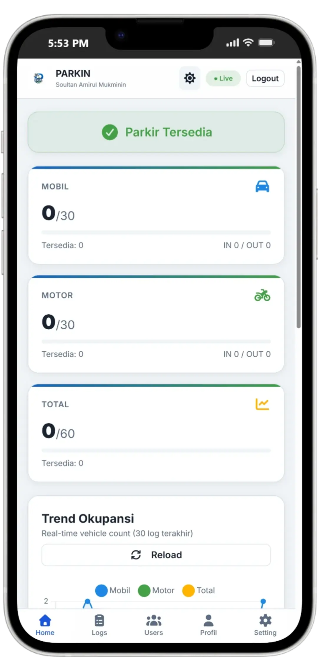 Mobile View Aplikasi PARKIN di iPhone